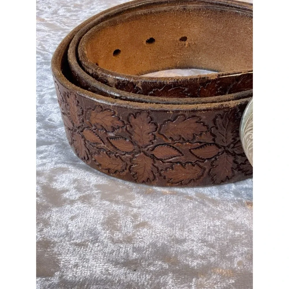 Vintage Bighorn Ram Turquoise Inlay Belt Buckle Tooled Leather Belt 43